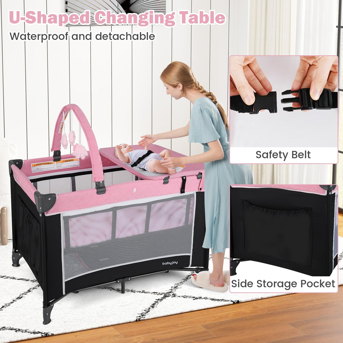 3 in 1 Pink Pack and Play Baby Crib Bassinet S708