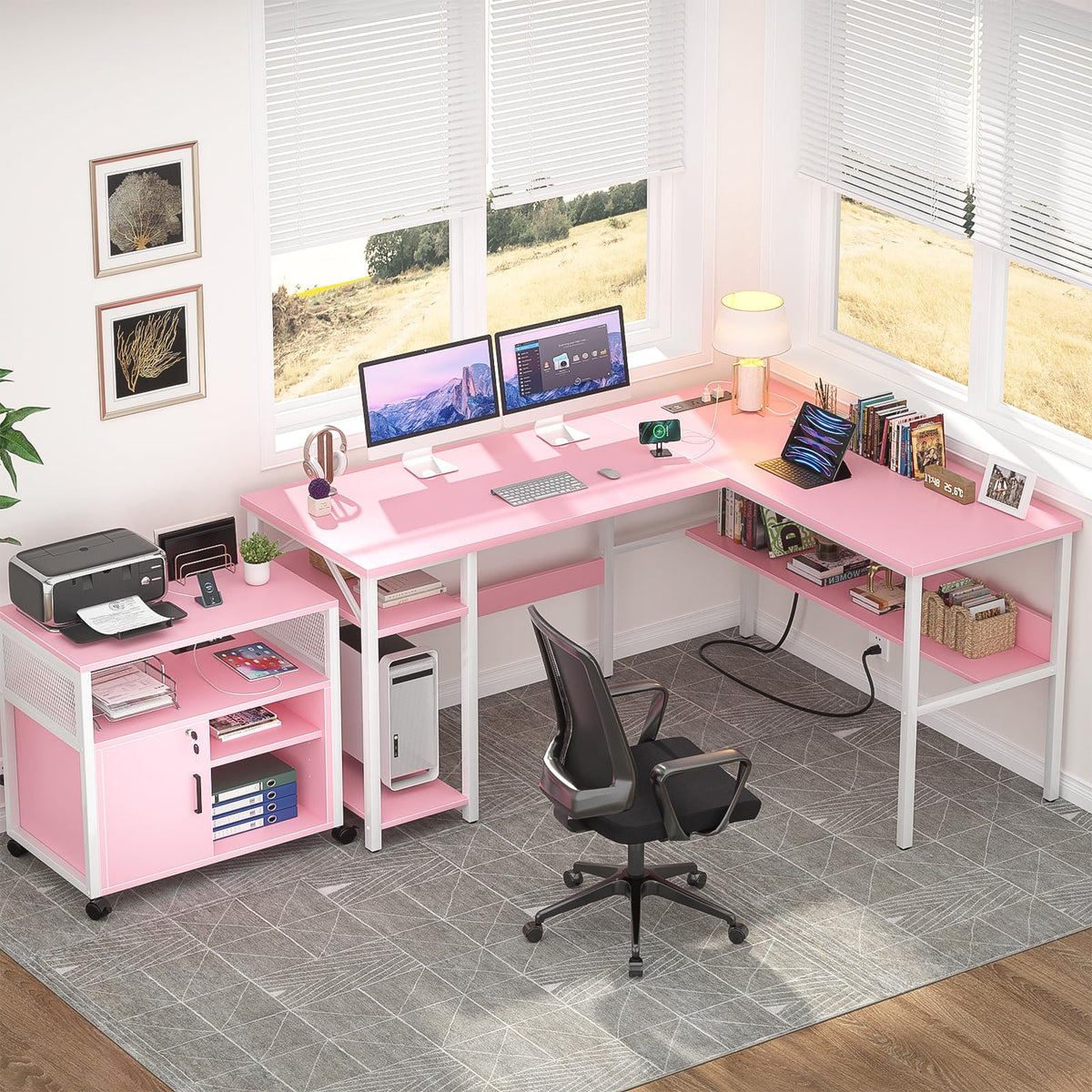 Pink L Shaped Desk with Power Outlets and USB Charging Ports D116920