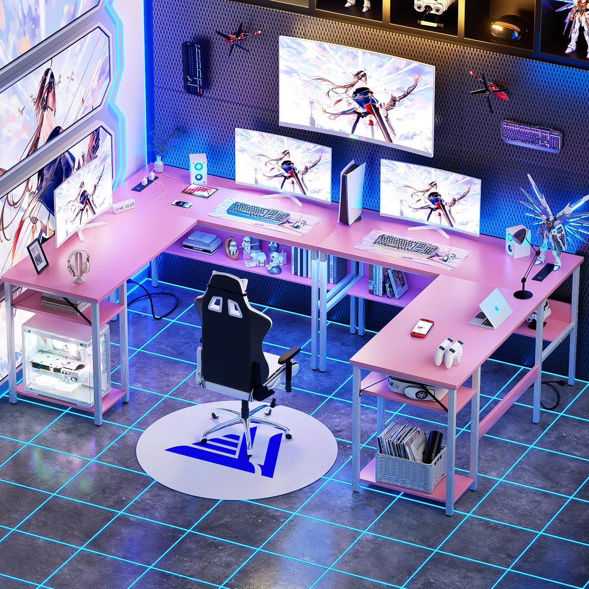 Pink L Shaped Desk with Power Outlets and USB Charging Ports D116920