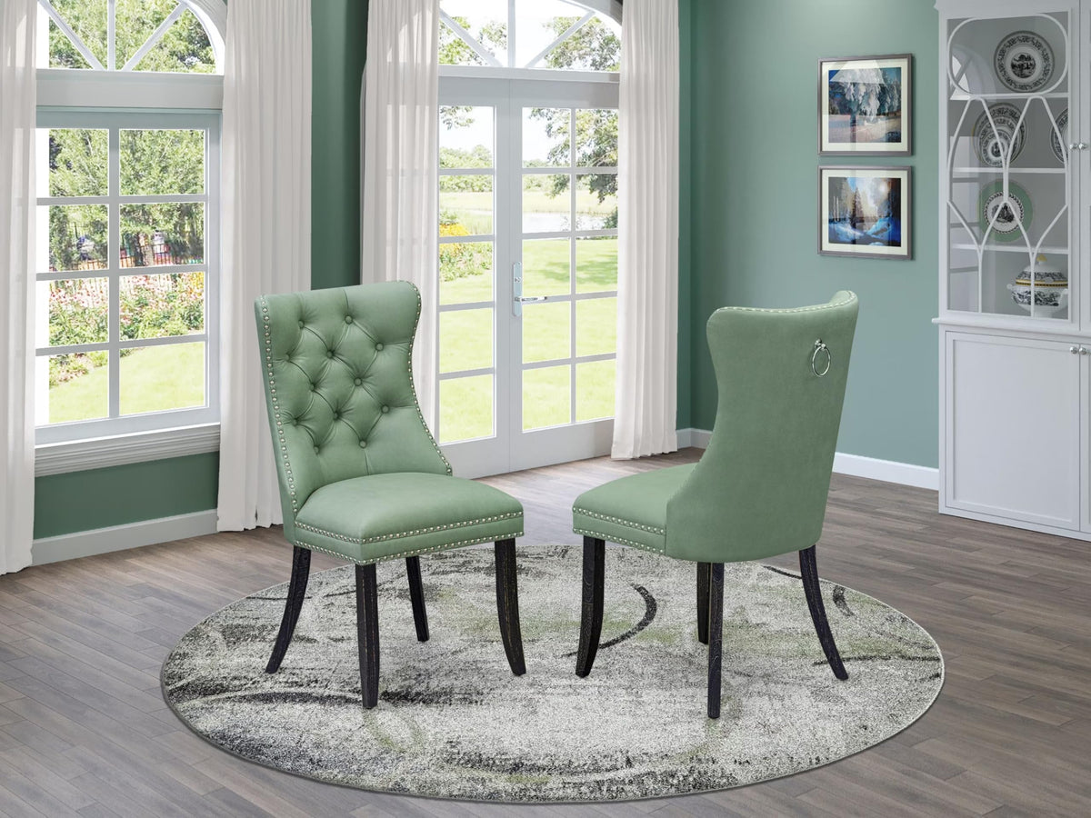 Button Tufted Nailhead Willow Green Polyester Upholstered Dining Chairs, Set of 2 R170843