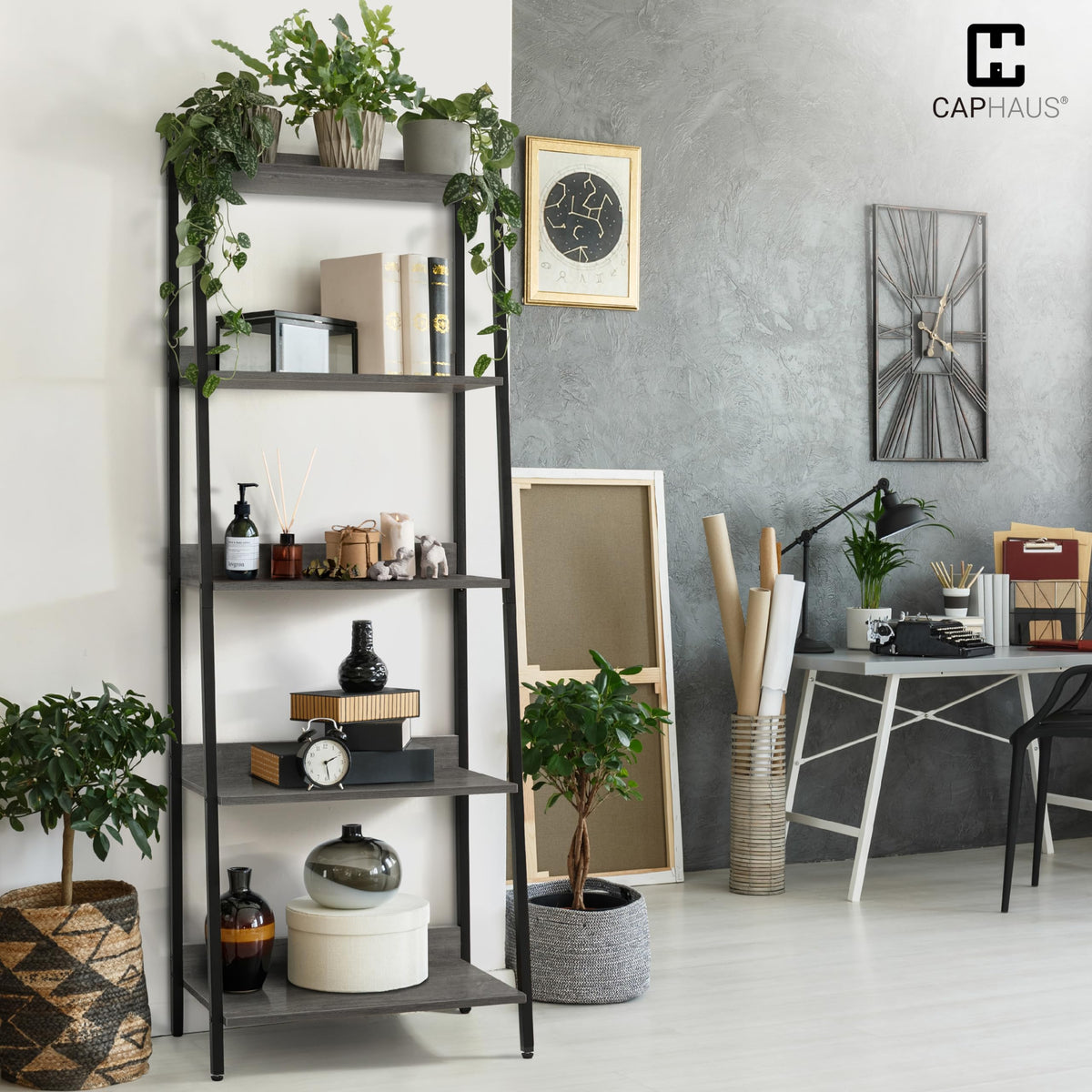5 Tier Ladder Bookshelf, 24 Inch Free Standing Storage Rack, Dark Grey Q4671