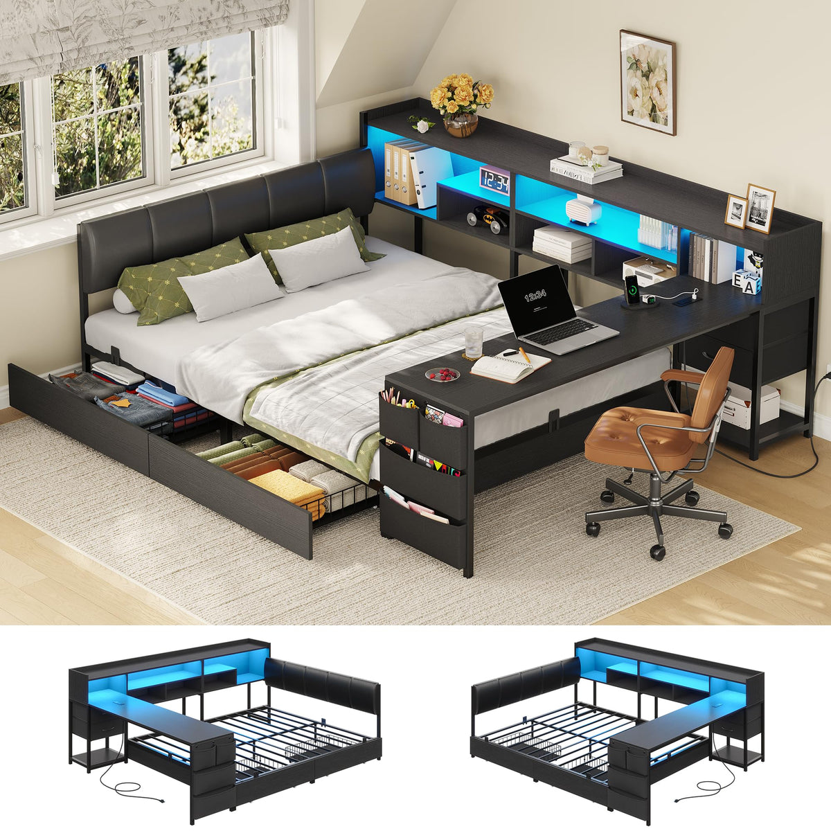 Black Corner Bed Frame Full with Storage and Desk X755