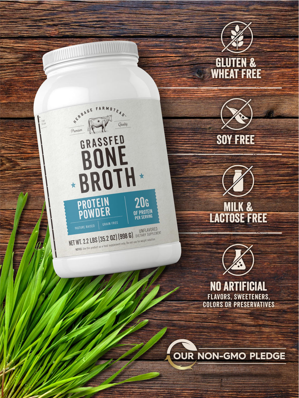 Grass Fed Bone Broth Protein Powder 35.2 oz 20g Protein Non-GMO Gluten Free A3530