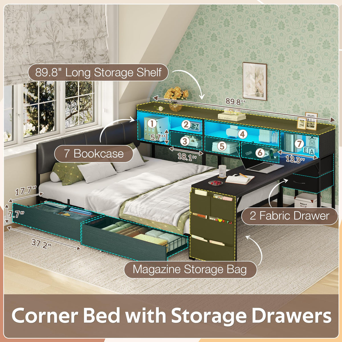 Black Corner Bed Frame Full with Storage and Desk X755