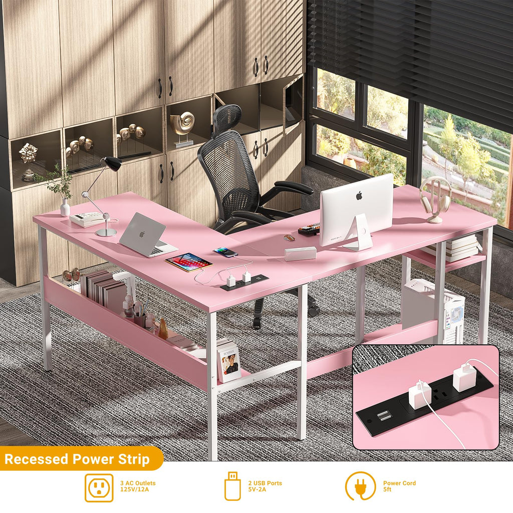 Pink L Shaped Desk with Power Outlets and USB Charging Ports D116920