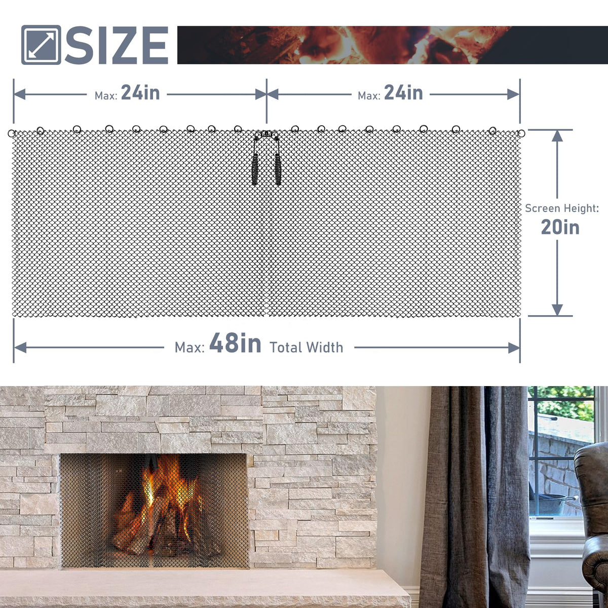 Black Fireplace Mesh Screen Curtain, Two 20" x 24" Panels T5009