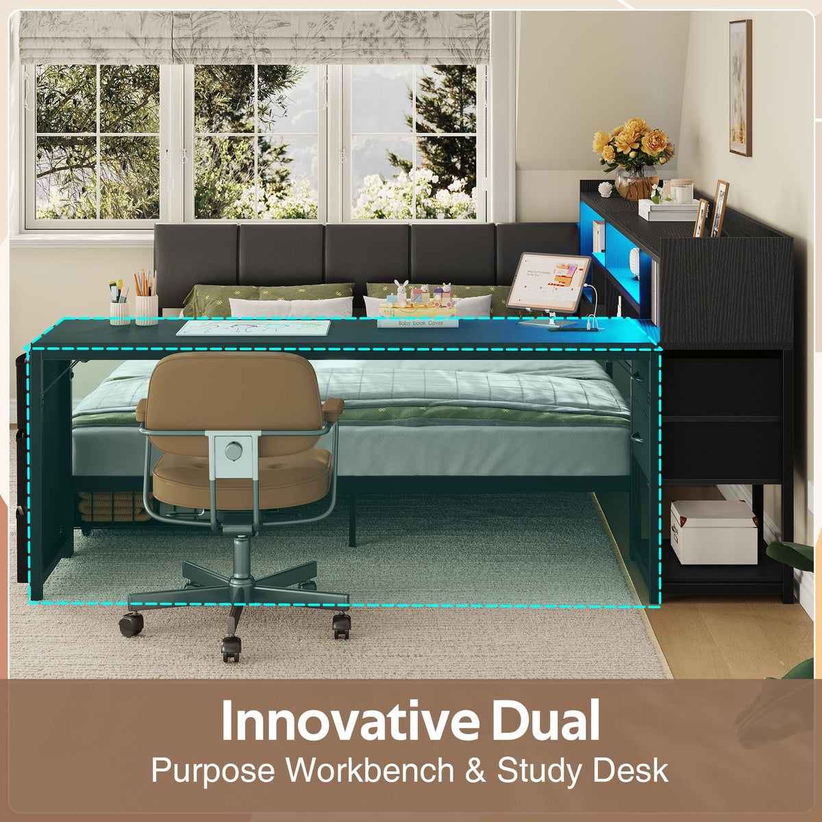 Black Corner Bed Frame Full with Storage and Desk X755