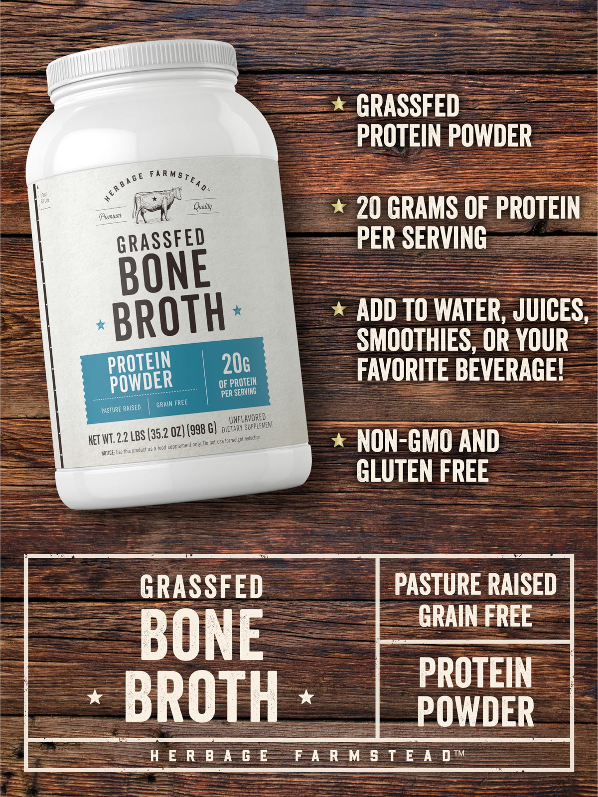 Grass Fed Bone Broth Protein Powder 35.2 oz 20g Protein Non-GMO Gluten Free A3530